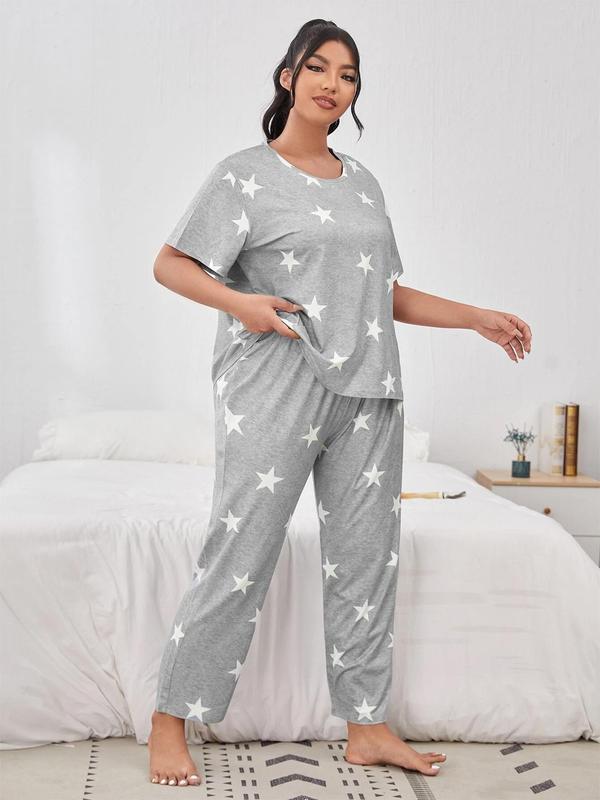 Plus Size Star Print Tee & Elastic Waist Pants Pyjama Set, Casual Comfy Round Neck Short Sleeve T-shirt & Trousers PJ Set, Women's Sleepwear for All Seasons