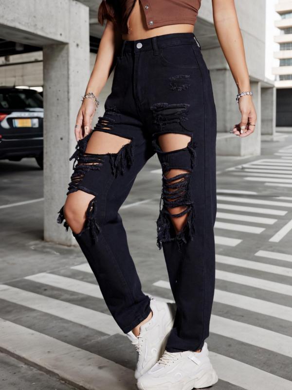 Women's Plain Ripped Button Fly Straight Leg Jeans, Fashion Casual Pocket Design High Waist Denim Trousers for Daily Wear, Ladies Bottoms for All Seasons