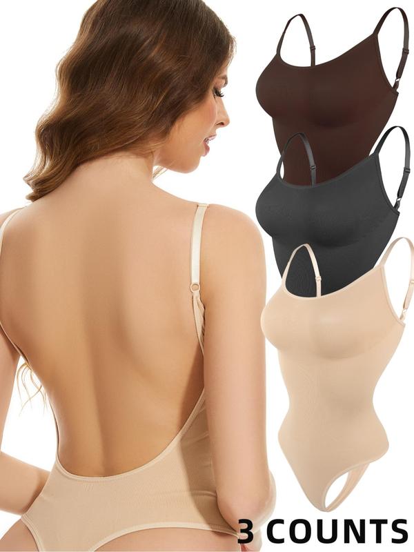 Women's Solid Backless Adjustable Strap Shapewear Bodysuit, High Stretch Tummy Control Butt Lifter Push Up Shaper, Women's Shapewear for All Seasons