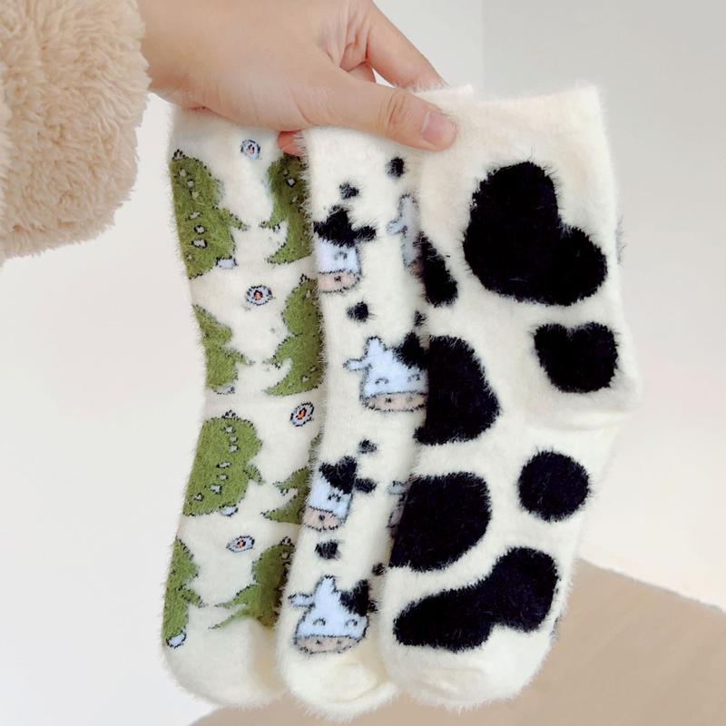 1 2 Pairs Cow Pattern Socks, Warm & Comfy Fluffy Slipper Floor Socks Women's Cow Stockings & Hosiery Womenswear Underwear Lady Comfort