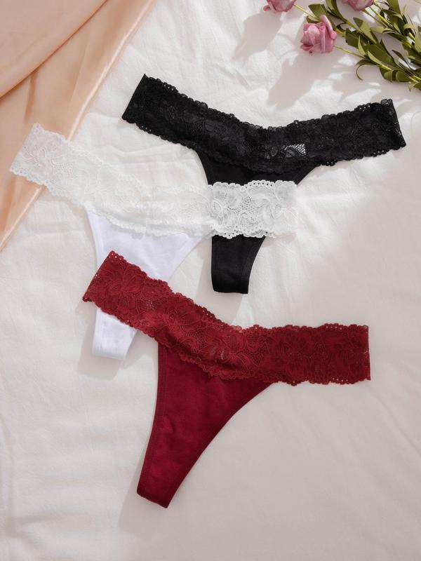 Women's 3pcs Plain Contrast Lace Drop Waist Panty, Soft Comfy Breathable Knicker for Daily Wear, Underwear for All Seasons