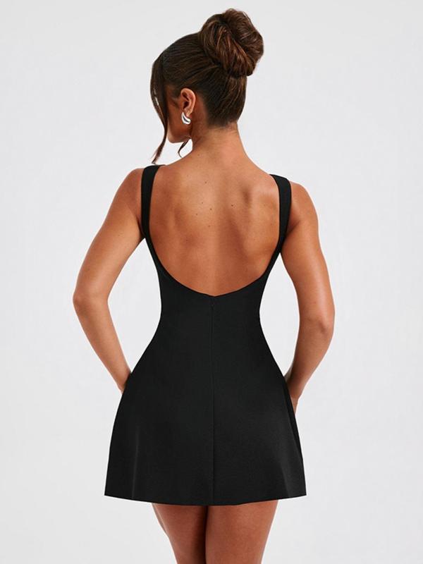 Women's Solid Backless Boat Neck A Line Dress, Dresses for Women, Homecoming Dresses, Birthday Dresses 2024, Elegant Fashion Zipper Back Short Dress for Daily Outdoor Wear, Ladies Dress for Summer