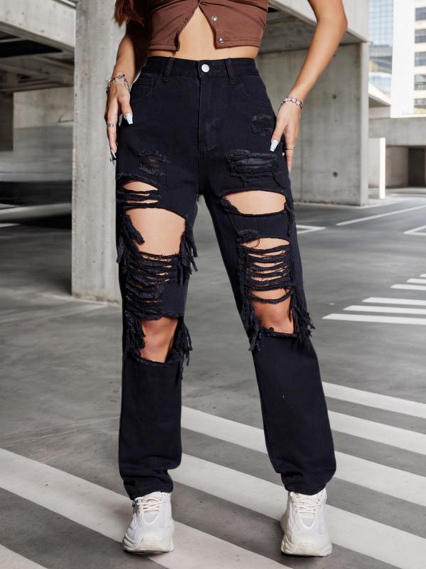 Women's Plain Ripped Button Fly Straight Leg Jeans, Fashion Casual Pocket Design High Waist Denim Trousers for Daily Wear, Ladies Bottoms for All Seasons