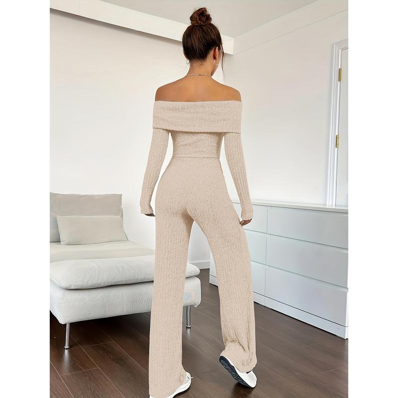 Ribbed Off Shoulder Jumpsuit, Casual Long Sleeve Jumpsuit For Spring & Fall, Women's Clothing