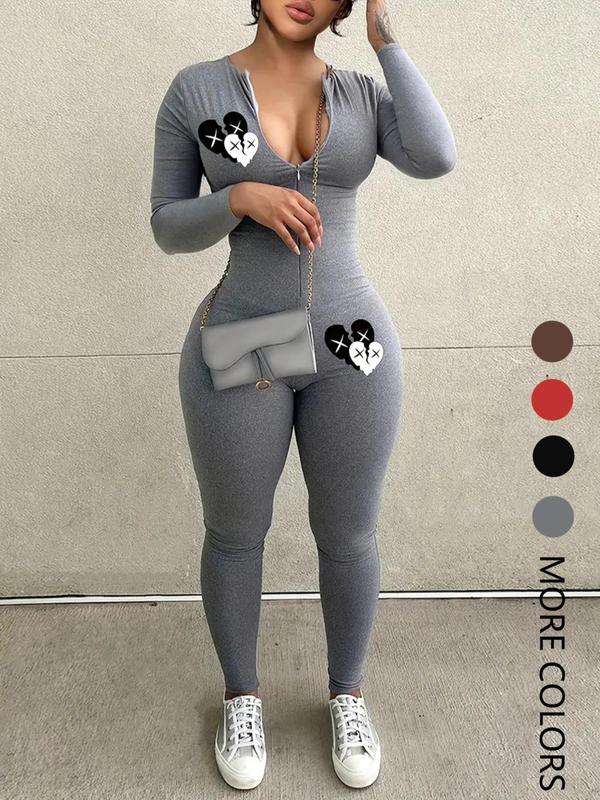 Women's Heart Print Zipper Jumpsuit, Fall Outfits, Casual Long Sleeve Round Neck Jumpsuit for Daily Wear, Skinny Fall Outfits, Ladies Clothes for Fall