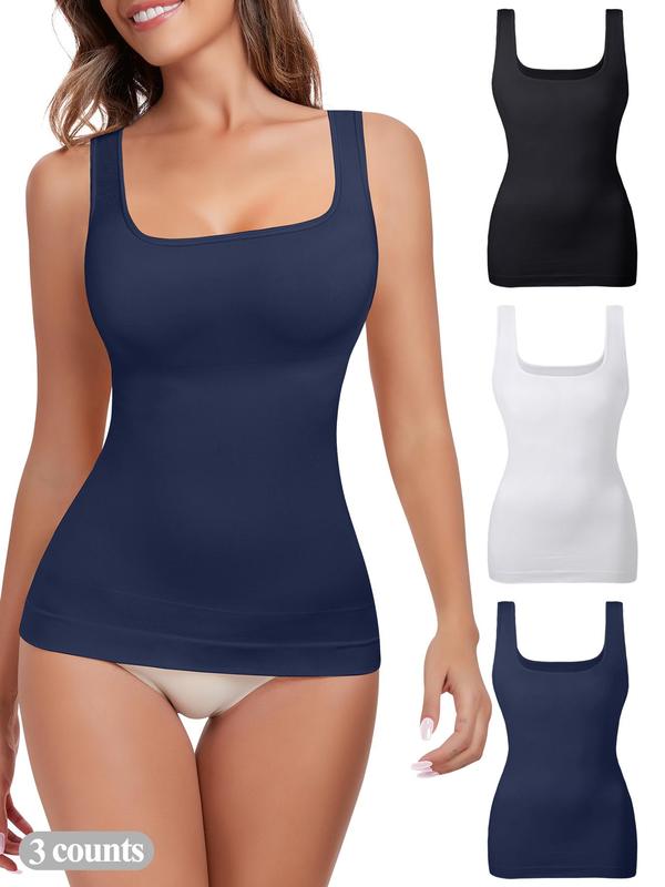 Women's Solid Tummy Control Shapewear Tank Tops, Basic Casual Comfort Seamless Square Neck Compression Tops, Fall Clothes, Slimming Shapewear, Sexy Body Shapewear, Lady Backless Shaper Black Girl Wear