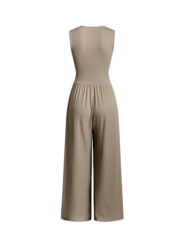 Women's Minimalist Plain Ruched Deep V Neck Wide Leg Jumpsuit, Lady Casual Basic Comfort Sleeveless Ribbed Jumpsuit for Daily Wear, Ladies Clothes for All Seasons, Womenswear Overalls