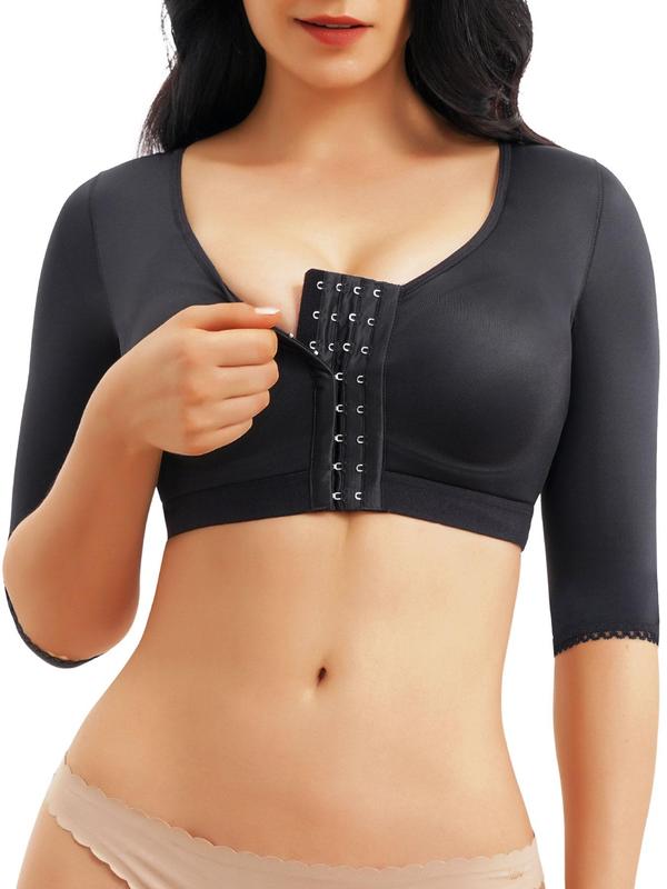 Women's Solid Color Adjustable Hook & Eye Closure Crop Shapewear Top, Casual Comfortable Breathable Half Sleeve Shaper, Women's Shapewear for Daily Wear