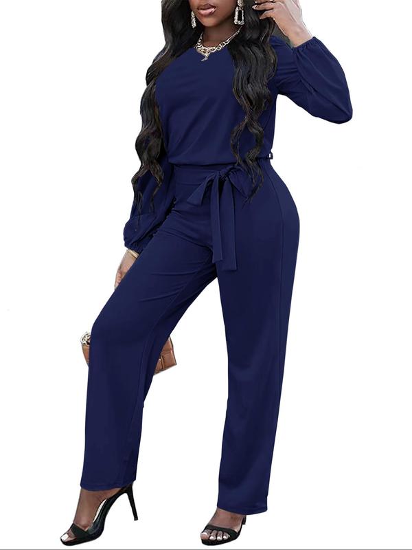 Women's Solid Color Cut Out Belted Jumpsuit, Casual Bishop Sleeve Keyhole Back Jumpsuit for Fall & Winter, Women's Clothes for Daily Wear