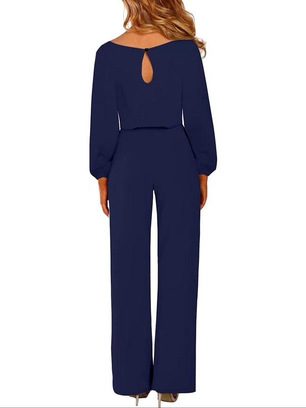 Women's Solid Color Cut Out Belted Jumpsuit, Casual Bishop Sleeve Keyhole Back Jumpsuit for Fall & Winter, Women's Clothes for Daily Wear