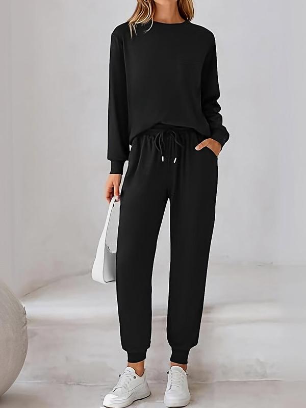 Women's Plain Long Sleeve Tee & Drawstring Waist Pants Set, Casual Round Neck Top & Trousers 2-piece Set for Fall & Winter,  Pants Suit Sets for Women, Women's Clothes for Daily Wear