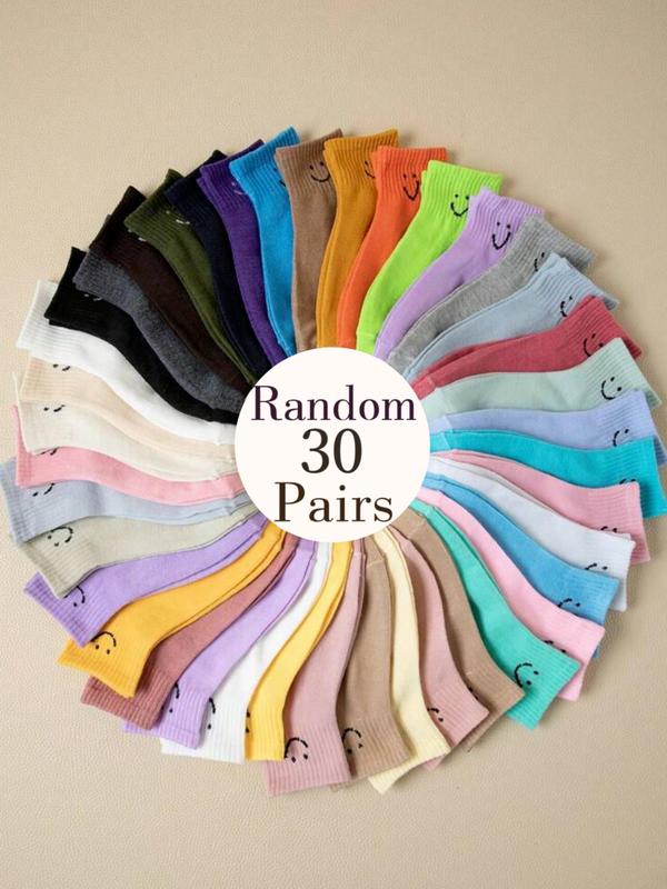 Random Color Women's Smile Face Print Ankle Socks, 30 Pairs Casual Moisture Wicking Socks, Soft Comfy Breathable Socks for All Seasons Daily Wear