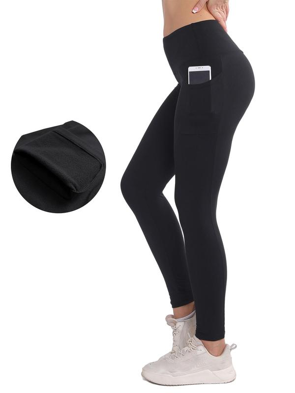 Women's Solid Color High Waist Pocket Warm Leggings, Casual Comfy High Stretch Skinny Pants for Daily Wear, Ladies Fall & Winter Bottoms