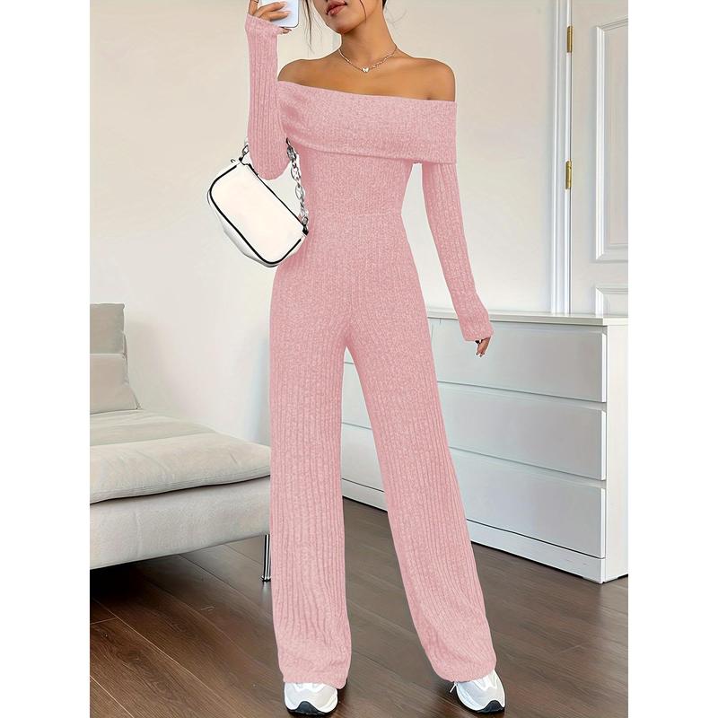 Ribbed Off Shoulder Jumpsuit, Casual Long Sleeve Jumpsuit For Spring & Fall, Women's Clothing