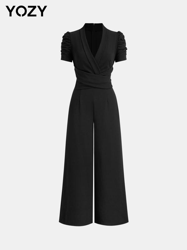 YOZY Christmas Deals, Women's Plain Ruched Wrap V Neck Jumpsuit, Elegant Short Sleeve High Waist Jumpsuit for Party Holiday Wedding Guest, Ladies Fall Clothes, Christmas 2024 Trend, Fall & Winter Clothes