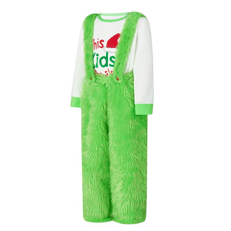 Green Matching Christmas Pajamas For Family, Romper Long Sleeve Letter Print Tops and Suspender Plush Pants Suit Sleepwear