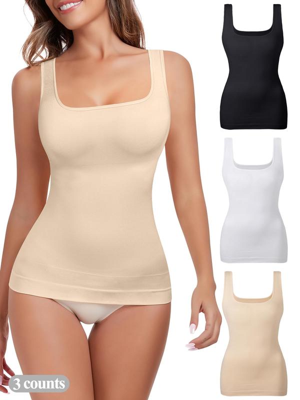 Women's Solid Tummy Control Shapewear Tank Tops, Basic Casual Comfort Seamless Square Neck Compression Tops, Fall Clothes, Slimming Shapewear, Sexy Body Shapewear, Lady Backless Shaper Black Girl Wear