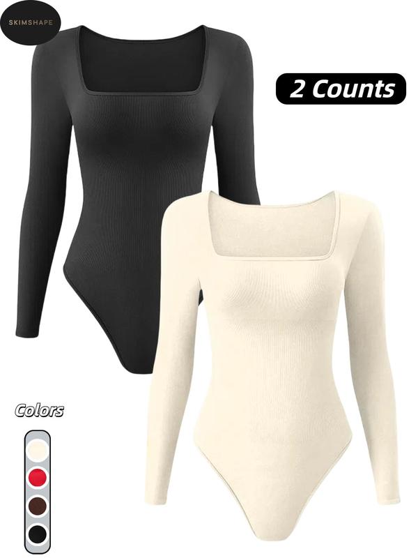 Women's Solid Square Neck Long Sleeve Shapewear Bodysuit, Fall Wear, Casual Comfy Tummy Control Butt Lift Shaper, Ladies Shapewear for Fall