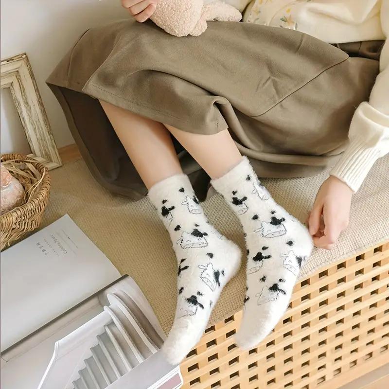 1 2 Pairs Cow Pattern Socks, Warm & Comfy Fluffy Slipper Floor Socks Women's Cow Stockings & Hosiery Womenswear Underwear Lady Comfort