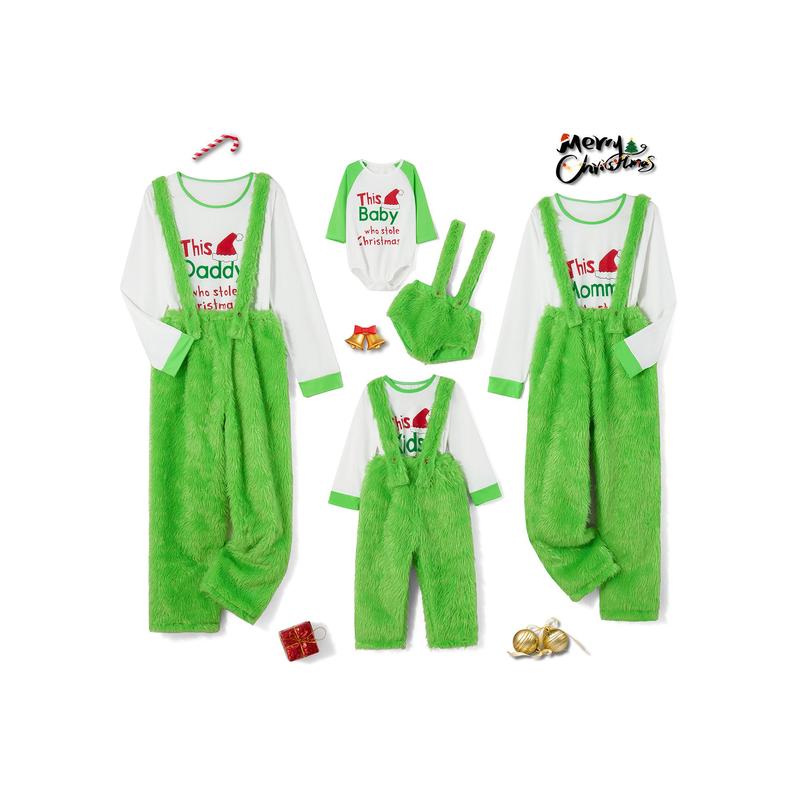 Green Matching Christmas Pajamas For Family, Romper Long Sleeve Letter Print Tops and Suspender Plush Pants Suit Sleepwear