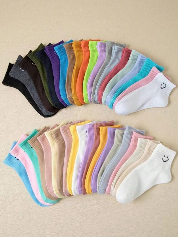 Random Color Women's Smile Face Print Ankle Socks, 30 Pairs Casual Moisture Wicking Socks, Soft Comfy Breathable Socks for All Seasons Daily Wear