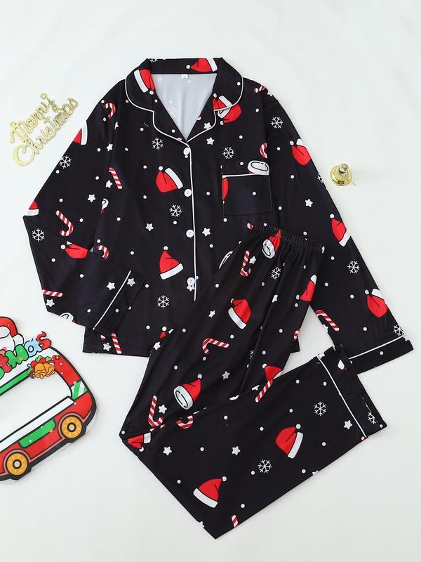 Two-Piece Set Women's All Over Christmas Print Button Front Pocket Shirt & Pants Pyjama, Casual Comfy Long Sleeve Top & Trousers PJ Set, Ladies Sleepwear for All Seasons