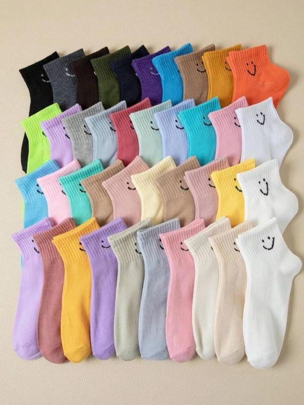 Random Color Women's Smile Face Print Ankle Socks, 30 Pairs Casual Moisture Wicking Socks, Soft Comfy Breathable Socks for All Seasons Daily Wear