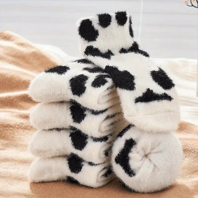 1 2 Pairs Cow Pattern Socks, Warm & Comfy Fluffy Slipper Floor Socks Women's Cow Stockings & Hosiery Womenswear Underwear Lady Comfort