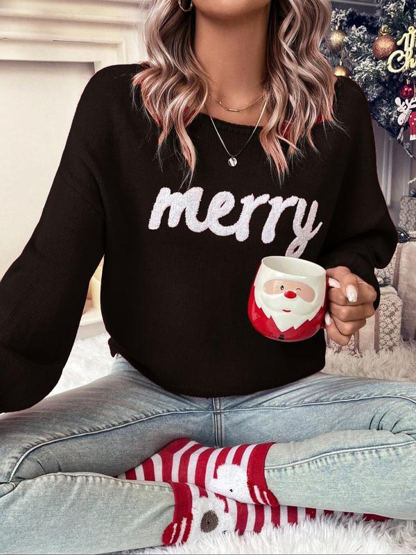 Plus Size Christmas Letter Patched Drop Shoulder Sweater, Casual Long Sleeve Round Neck Jumper for Daily Outdoor Wear, Women Plus Clothing for Fall & Winter