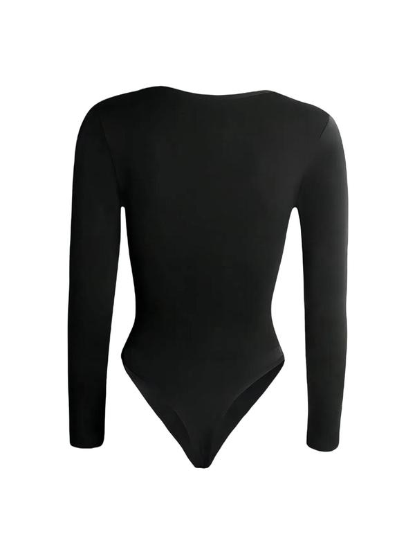 Women's Solid Square Neck Long Sleeve Shapewear Bodysuit, Fall Wear, Casual Comfy Tummy Control Butt Lift Shaper, Ladies Shapewear for Fall