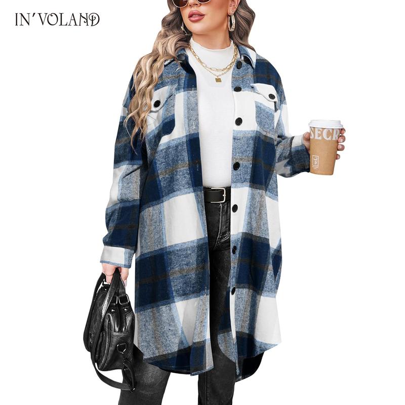 Tops Holiday haul  IN'VOLAND Womens Plus Size Flannel Plaid Shirts Long Sleeve Lounge Lapel Boyfriend Button Down Tartan Long Jacket Coats