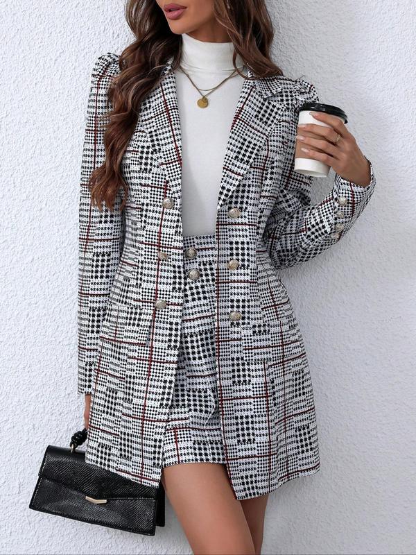 Two-Piece Set Women's Plaid Print Button Front Blazer & Pocket Skirt Set, Casual Lapel Neck Long Sleeve Outerwear & Short Skirt for Work Office Business, Ladies Spring & Fall Clothes