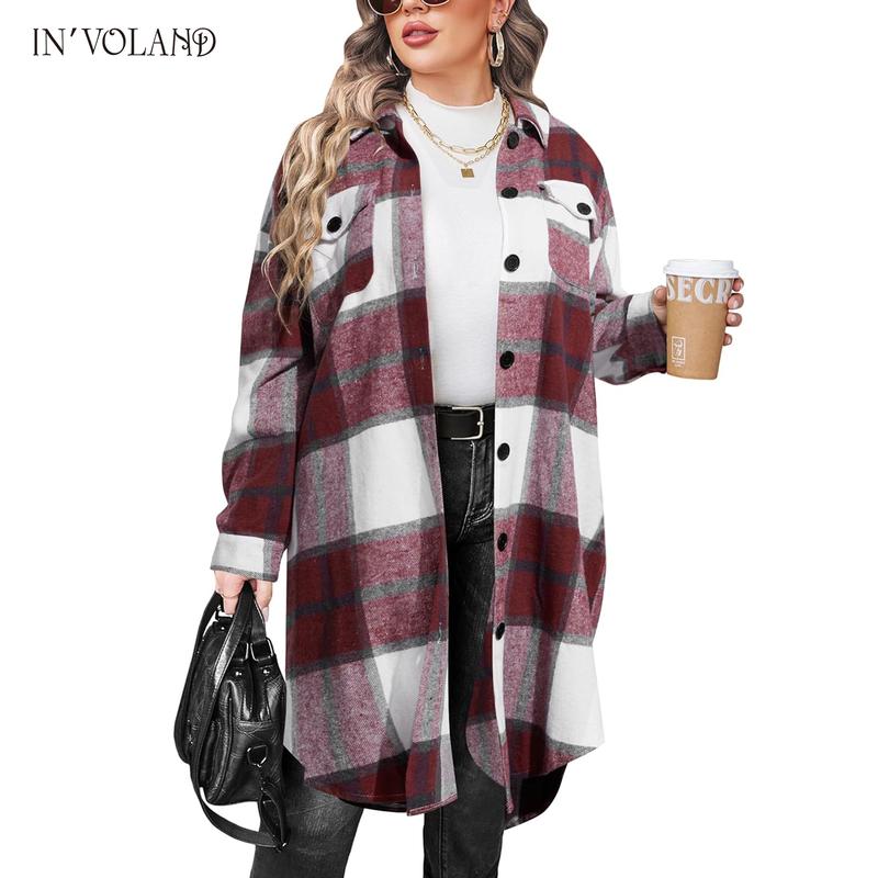 Tops Holiday haul  IN'VOLAND Womens Plus Size Flannel Plaid Shirts Long Sleeve Lounge Lapel Boyfriend Button Down Tartan Long Jacket Coats