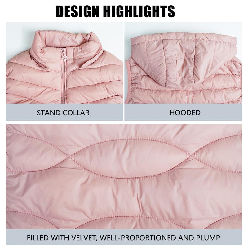 Women's 2024 padded vest sleeveless zipper quilted coat with hat standing collar vest jacket with pockets