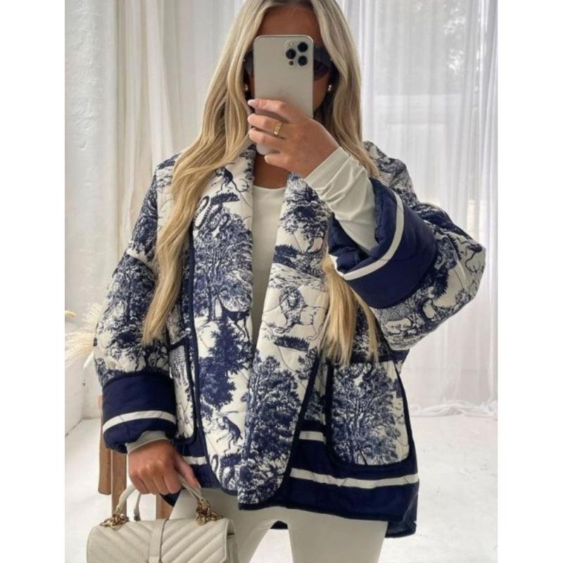 UANEO Women's Cropped Floral Quilted Jacket Cardigan Printed Lightweight Open Front Padded Puffer Coat