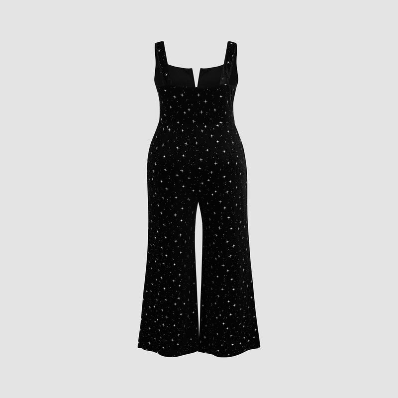 Cider [size 12 14-26] Velvet Square Neck Star Pattern Flared Jumpsuit Curve & Plus