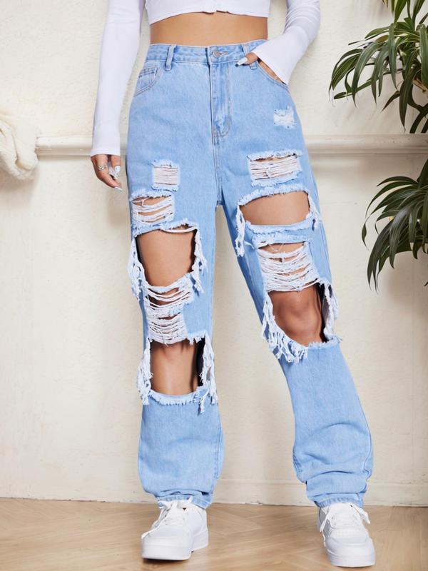 Women's Plain Ripped Button Fly Straight Leg Jeans, Fashion Casual Pocket Design High Waist Denim Trousers for Daily Wear, Ladies Bottoms for All Seasons