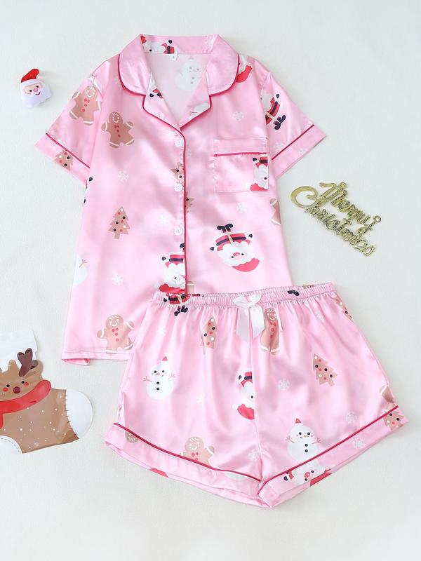 Two-Piece Set Women's Christmas Print Lapel Neck Pocket Shirt & Shorts Satin Pyjama, Casual Comfy Short Sleeve Top & Shorts PJ Set, Ladies Sleepwear for All Seasons