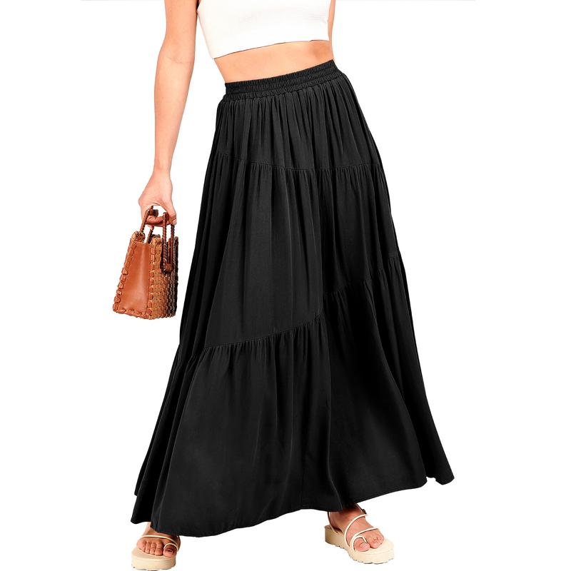 ANRABESS Women’s Boho Elastic High Waist Pleated A-Line Flowy Swing Asymmetric Tiered Maxi Long Skirt Dress with Pockets