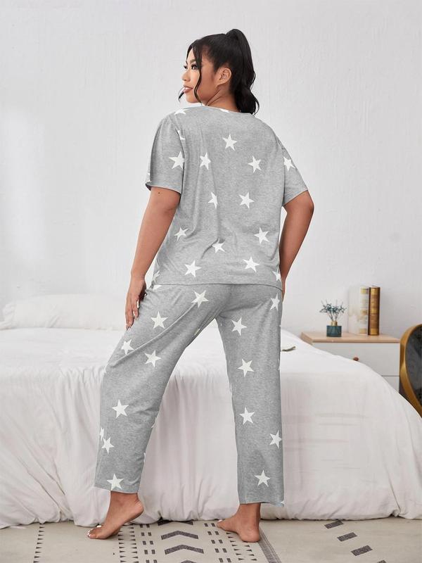 Plus Size Star Print Tee & Elastic Waist Pants Pyjama Set, Casual Comfy Round Neck Short Sleeve T-shirt & Trousers PJ Set, Women's Sleepwear for All Seasons