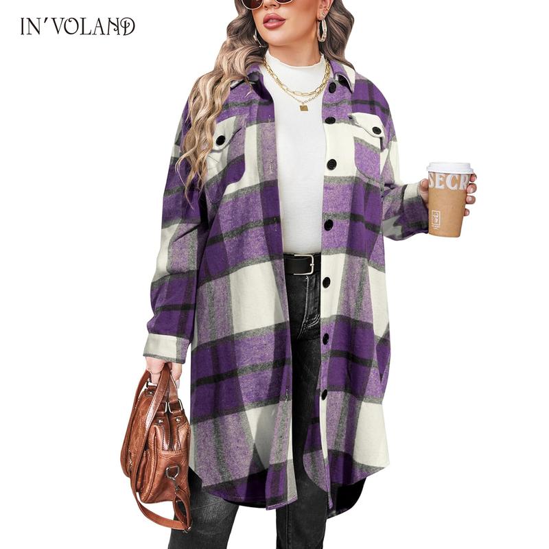 Tops Holiday haul  IN'VOLAND Womens Plus Size Flannel Plaid Shirts Long Sleeve Lounge Lapel Boyfriend Button Down Tartan Long Jacket Coats