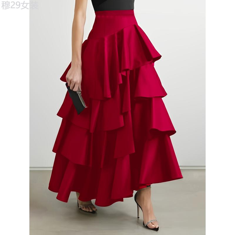 Stunning A-Line Ruffle Hem Skirt - Women's Clothing - Elegant High Waist Ankle Length Solid Color Party & Banquet Skirt with Layered Asymmetrical Design, Comfortable and Flattering Fit Fabric Womenswear