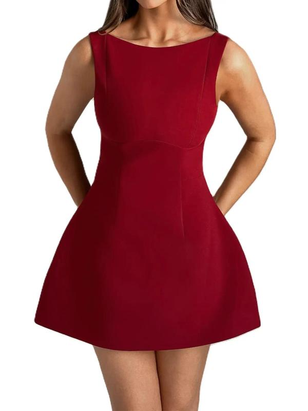 Women's Solid Backless Boat Neck A Line Dress, Dresses for Women, Homecoming Dresses, Birthday Dresses 2024, Elegant Fashion Zipper Back Short Dress for Daily Outdoor Wear, Ladies Dress for Summer