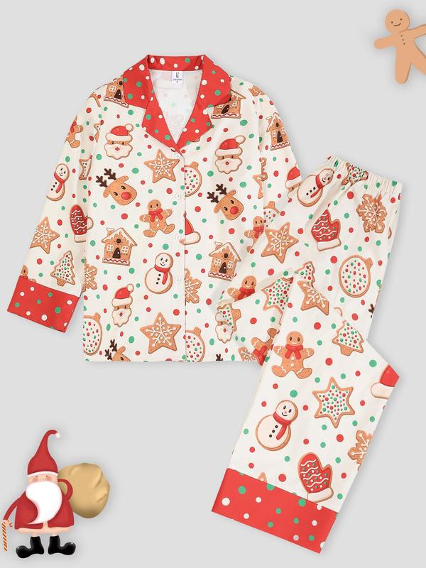 Womenswear Christmas Cartoon Print Loungewear Set, Fall Comfort Lapel Collar Button Front Blouse & Elastic Waist Pj Pants, Christmas Pajamas, Women's Homewear Sleepwear for Fall