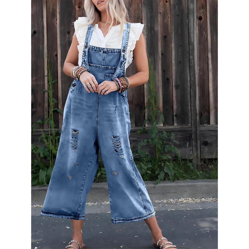 Goranbon Women's Denim Overalls Casual Jumpsuits Loose Fit Adjustable Strap Distressed Bib Jeans Overall Jumpsuits