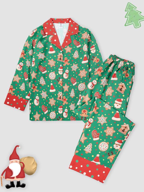 Womenswear Christmas Cartoon Print Loungewear Set, Fall Comfort Lapel Collar Button Front Blouse & Elastic Waist Pj Pants, Christmas Pajamas, Women's Homewear Sleepwear for Fall