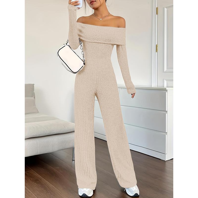 Ribbed Off Shoulder Jumpsuit, Casual Long Sleeve Jumpsuit For Spring & Fall, Women's Clothing