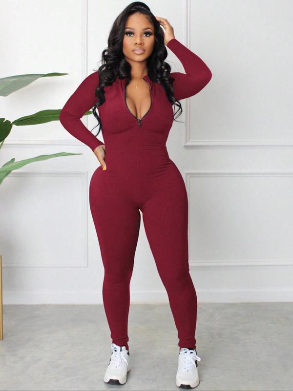 Women's Solid Textured Zip Up Jumpsuit, Jumpsuit for Women, Casual Long Sleeve Round Neck Skinny Jumpsuit for Spring & Fall, Women's Clothes for Daily Wear