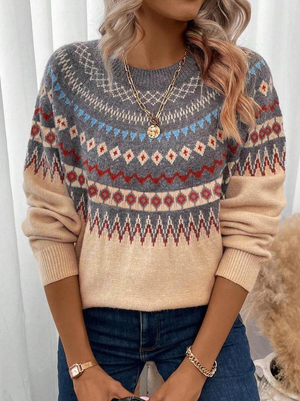 Women's Ethnic Pattern Raglan Sleeve Sweater Pullover, Casual Long Sleeve Round Neck Jumper for Fall & Winter, Fashion Ladies' Knitwear for Daily Wear