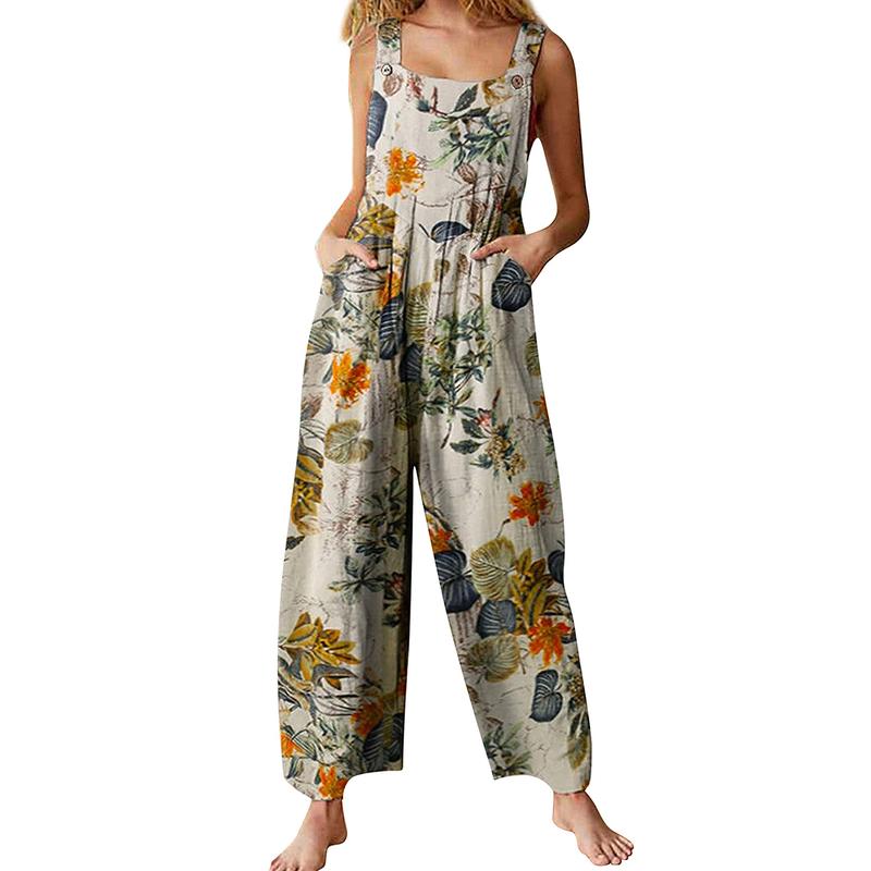 Yeokou Women's Patchwork Dual Pocket Jumpsuit Loose Floral Print Bohemian Wide Leg Bib Overall Womenswear Underwear Lady Comfort Sleeveless Boho Strap